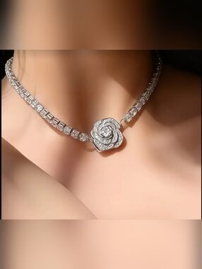 Silver Rose CZ Crystal Choker Necklace - Elegant Women’s Jewelry